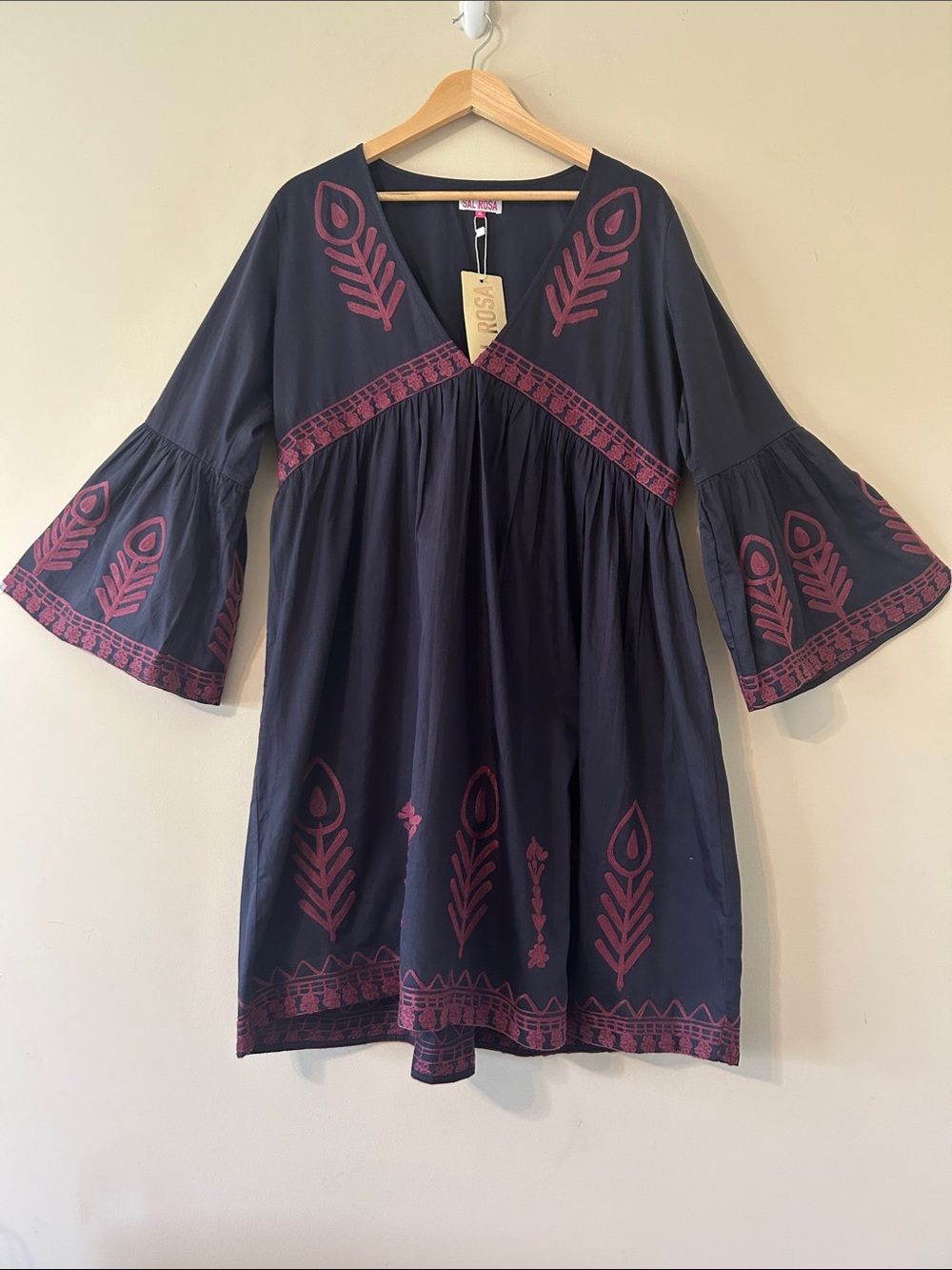 Sal Rosa New Navy Blue Midi Dress XL Maroon Embroidery Bell Sleeve Boho Cotton